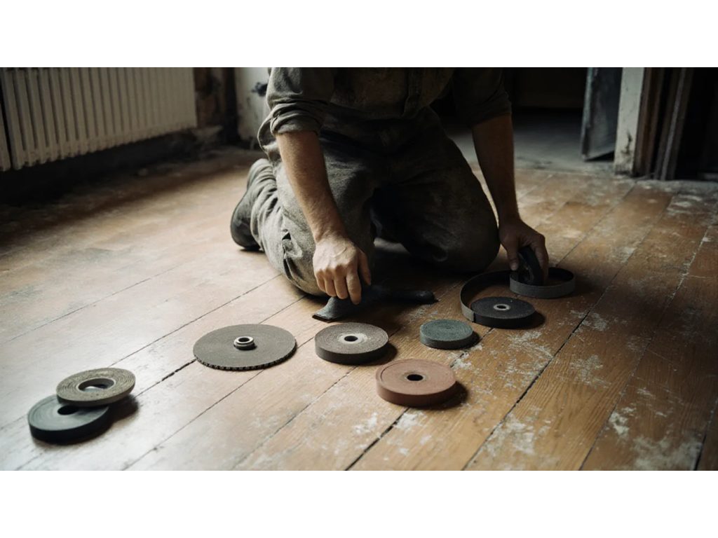 Disques et bandes abrasives de grains différents étalés sur un parquet chêne poncé, la main d'un artisan en saisissant un