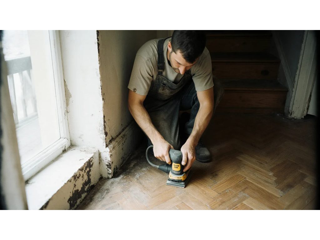 Artisan de dos passant une bordeuse au pied d'une plinthe, un escalier en arrière-plan