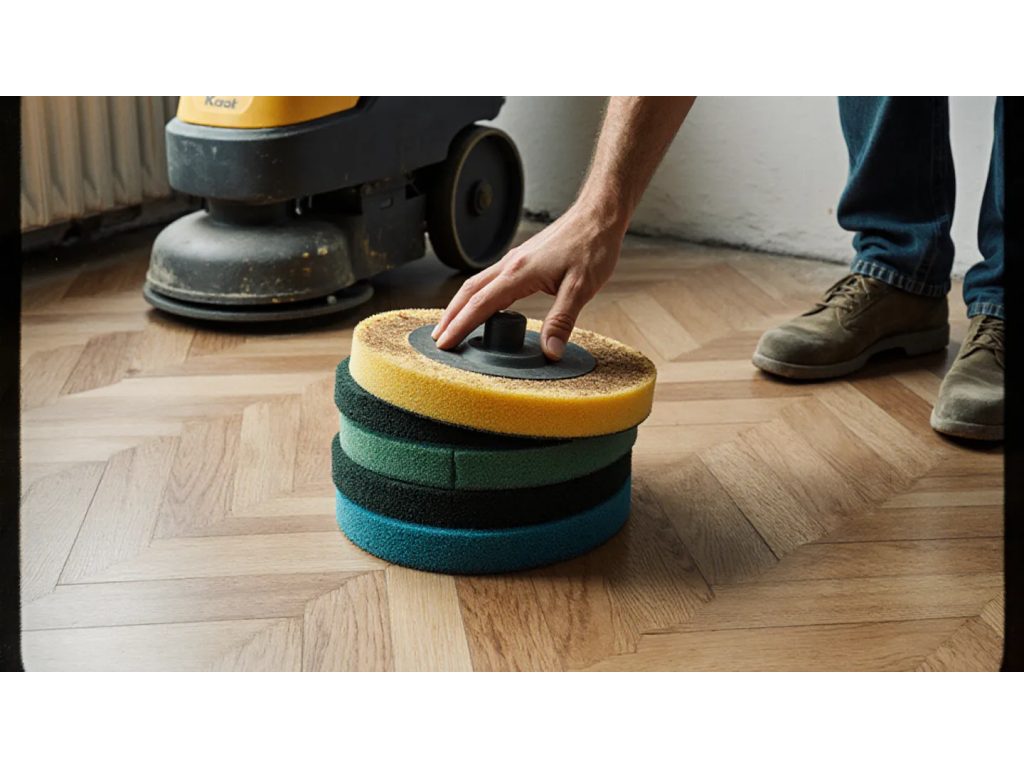 Pads d'entretien de couleurs différentes empilés près d'une monobrosse, sur un parquet fini