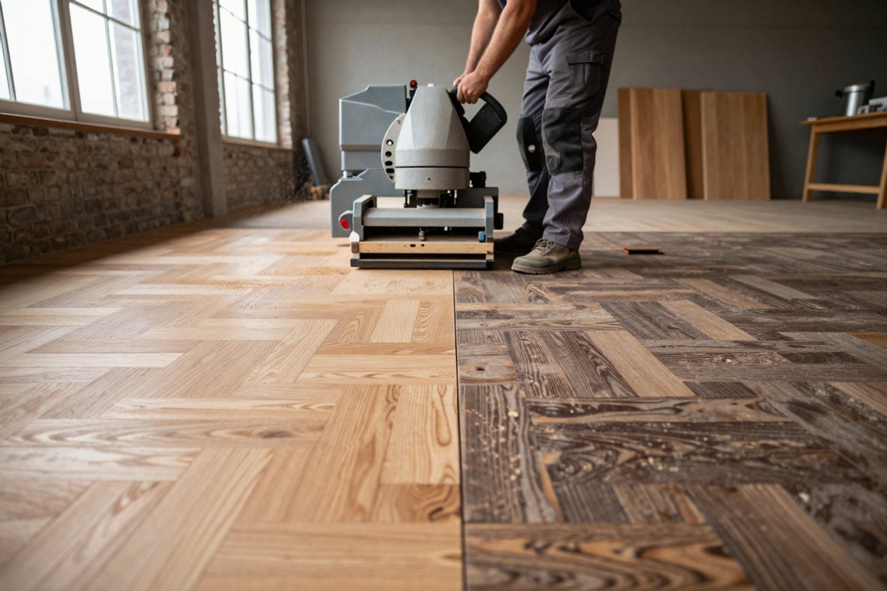 Ponceuse professionnelle en cours de travail sur un parquet en chevrons